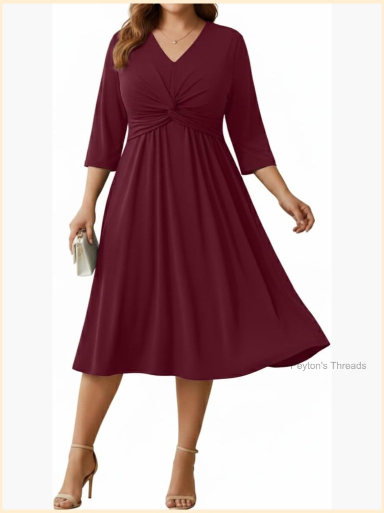 Plus Size Twist Knot V Neck 3/4 Sleeve A-Line Midi Dress Wedding Guest